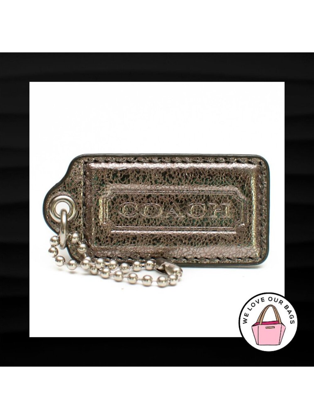 2.5" Large COACH GRAY METALLIC LEATHER KEY FOB